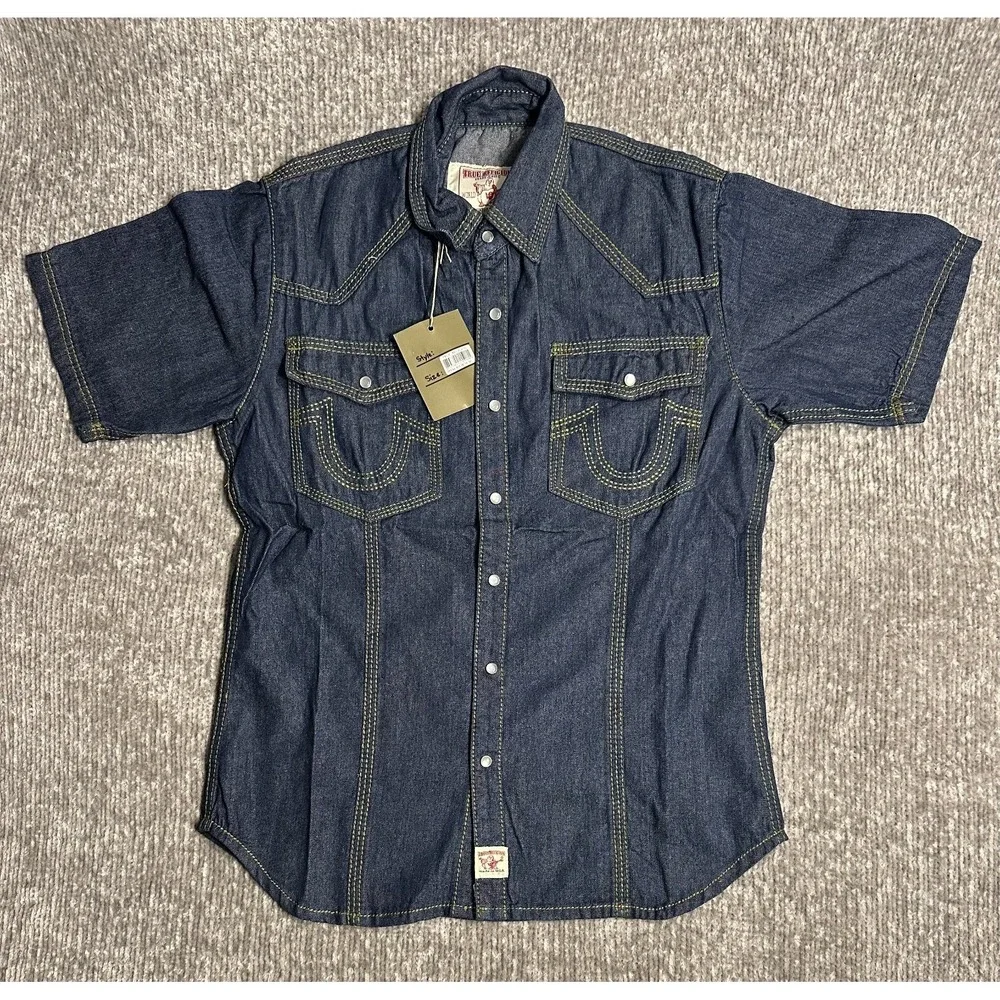True Religion Shirt Mens M Blue Western Denim Pearl Snap 3 Needle .Made in USA